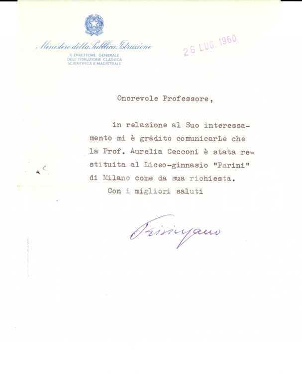 1960 ROMA Ministero ISTRUZIONE Lettera direttore Emilio PRISINZANO *Autografo