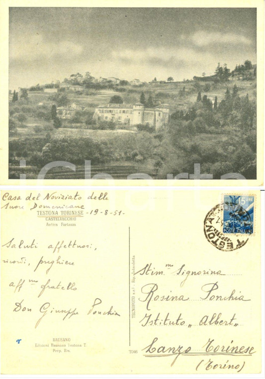 1951 TESTONA TORINESE (TO) Antica Fortezza *Autografo don Giuseppe PONCHIA
