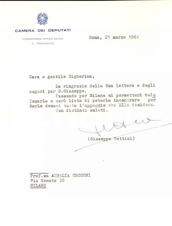 1962 ROMA On. Giuseppe BETTIOL promette aiuto a un'insegnante *Autografo