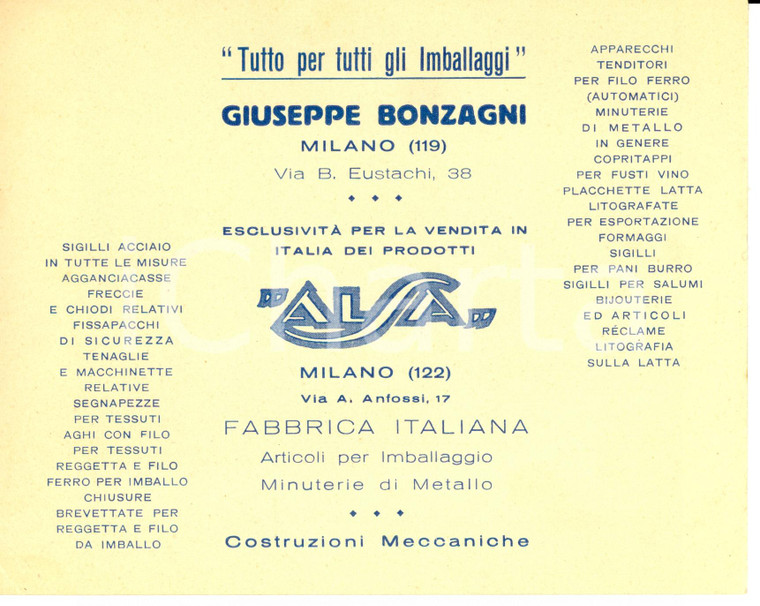 1940 ca MILANO Imballaggi Giuseppe BONZAGNI Esclusiva prodotti ALSA Pubblicità