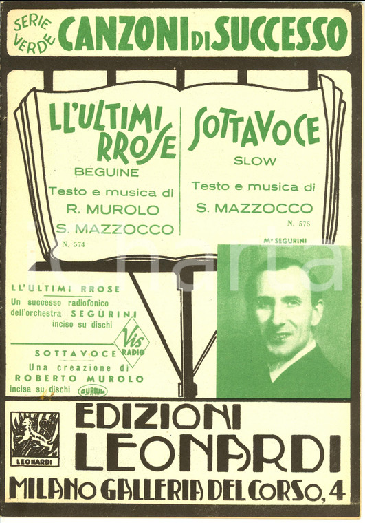 1952 Roberto MUROLO Salvatore MAZZOCCO Ll'ultimi rrose - Sottavoce *Spartito