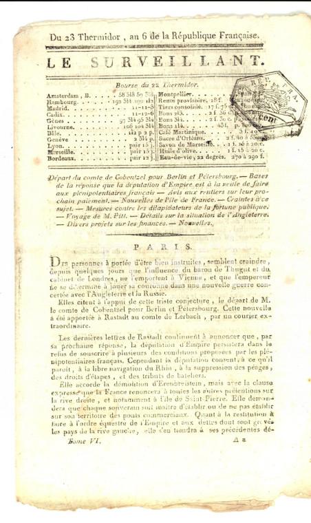 1798 LE SURVEILLANT Gazette REVOLUTION Dilapidatori del patrimonio pubblico