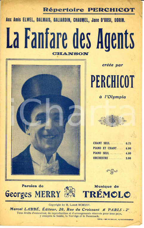 1920 ca Georges MERRY - TREMOLO La fanfare des Agents Ed. Marcel Labbé *Spartito