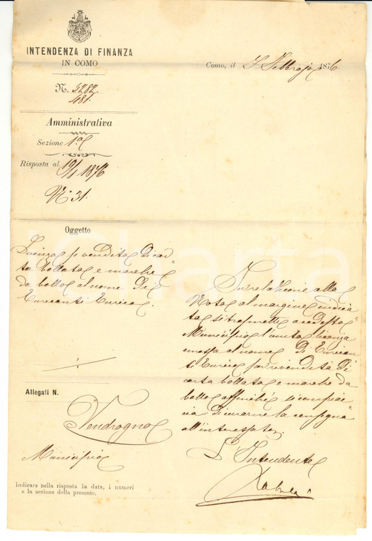 1876 VENDROGNO (LC) Licenza vendita carta bollata a Enrico TURCIANTI