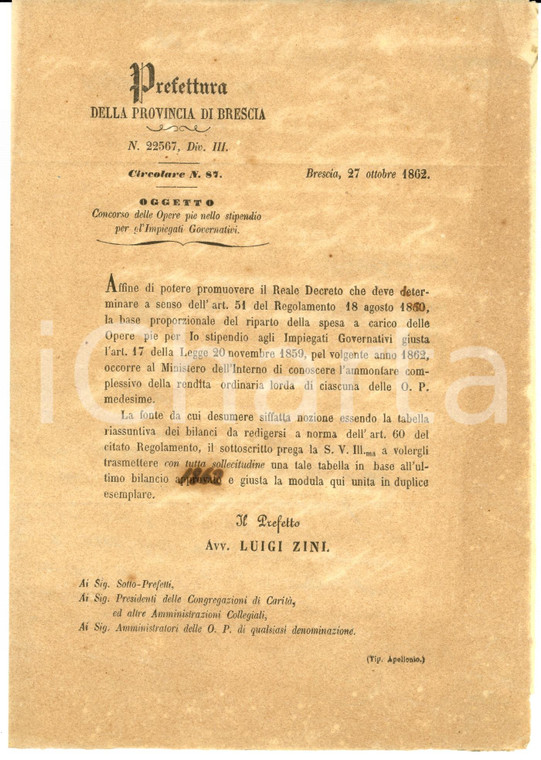 1862 VILLANUOVA SUL CLISI (BS) Opere Pie e stipendio impiegati governativi