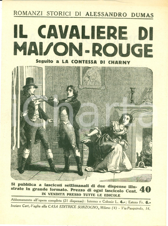 1925 ca SONZOGNO Romanzi DUMAS Cavaliere di Maison-Rouge VOLANTINO ILLUSTRATO