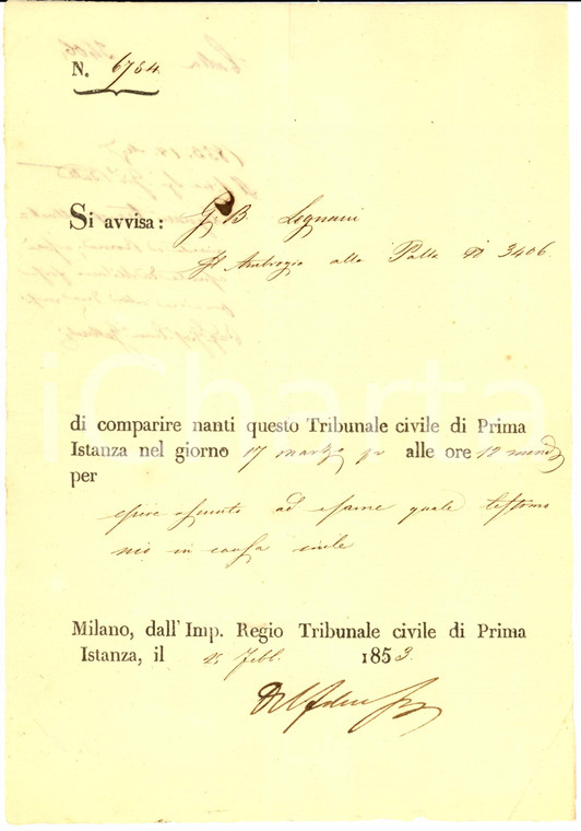 1853 MILANO Giovanni Battista LEGNANI testimone convocato in Tribunale