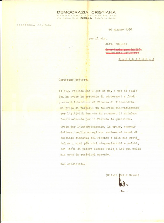 1950 BIELLA DEMOCRAZIA CRISTIANA Lettera on. Silvio MELLO GRAND *Autografo