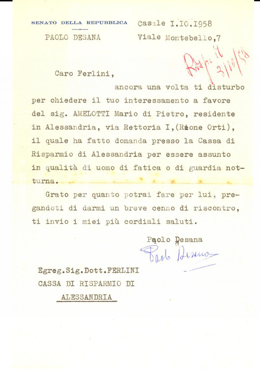 1958 CASALE MONFERRATO (AL) Lettera on. Paolo DESANA raccomandazione *Autografo