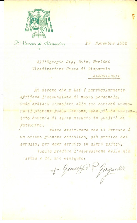 1952 ALESSANDRIA Vescovo Giuseppe GAGNOR raccomanda un fattorino *Autografo