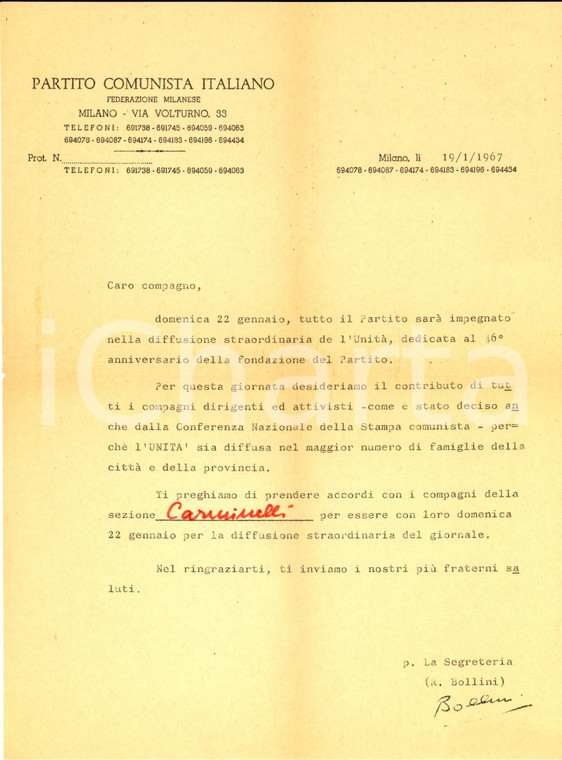 1967 MILANO PCI Sezione CARMINELLI Giornata per diffusione L'UNITA' *Lettera