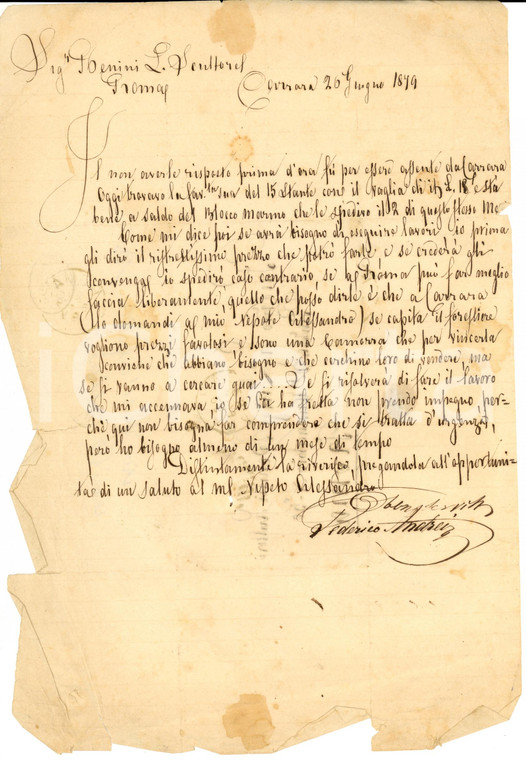 1879 CARRARA Federico ANDREIS I venditori di marmo sono una camorra *Lettera