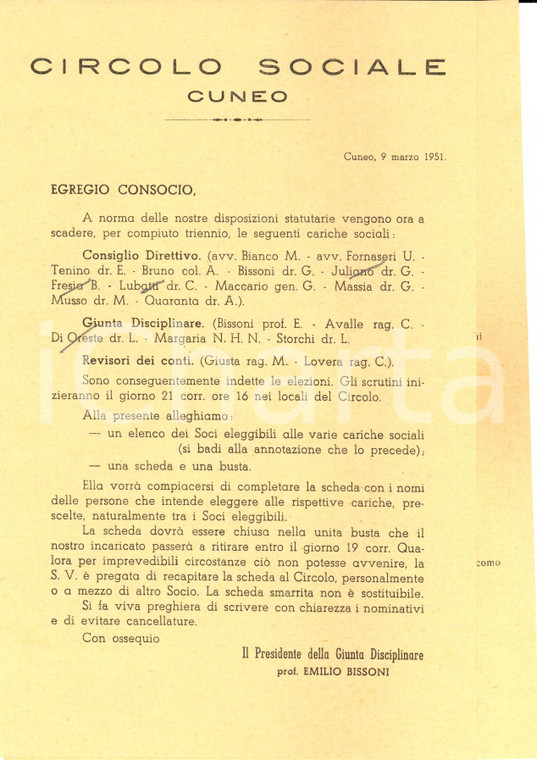 1951 CIRCOLO SOCIALE CUNEO Elezioni rinnovo cariche con elenco soci *RARO