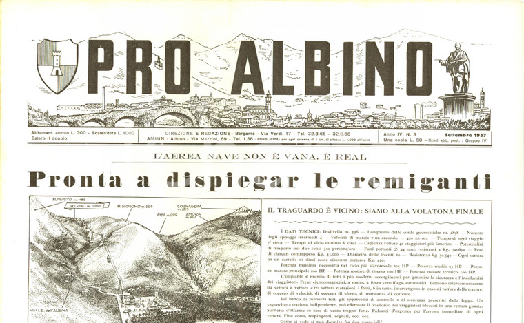 1957 PRO ALBINO Funivia per SELVINO è pronta alla partenza Giornale ILLUSTRATO