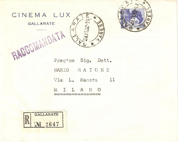 1962 GALLARATE (VA) Cinema LUX *Busta intestata VG