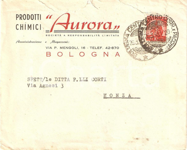 1948 BOLOGNA Industria AURORA Prodotti chimici *Busta intestata VG