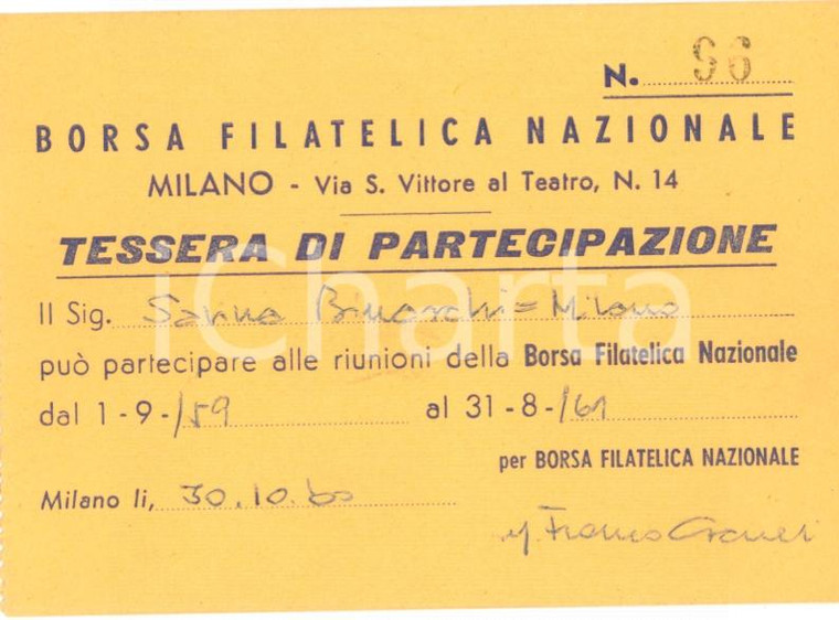 1960 MILANO Tessera partecipazione BORSA FILATELICA Nazionale