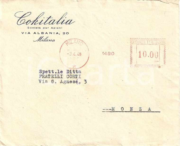 1948 MILANO Società per azioni COKITALIA Via Albania *Busta intestata VG