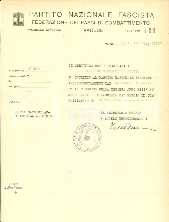 1935 CASTELLANZA (VA) Giovanni RAIMONDI appartiene al PNF *Documento