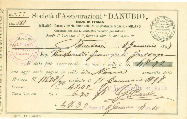 1898 BRESCIA Società Assicurazioni DANUBIO Quota Francesco VENTURELLI *Ricevuta