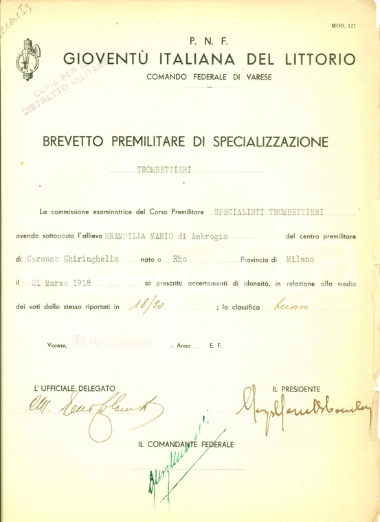 1939 CARONNO VARESINO (VA) Brevetto trombettiere per Mario BRAMBILLA *Documento