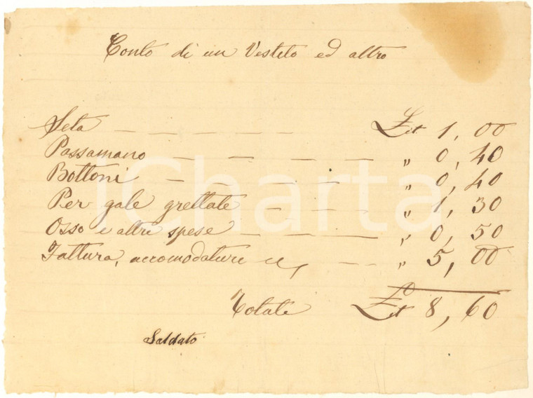 1810 ca AREA LOMBARDA Conto del sarto per preparazione di vestito *Documento