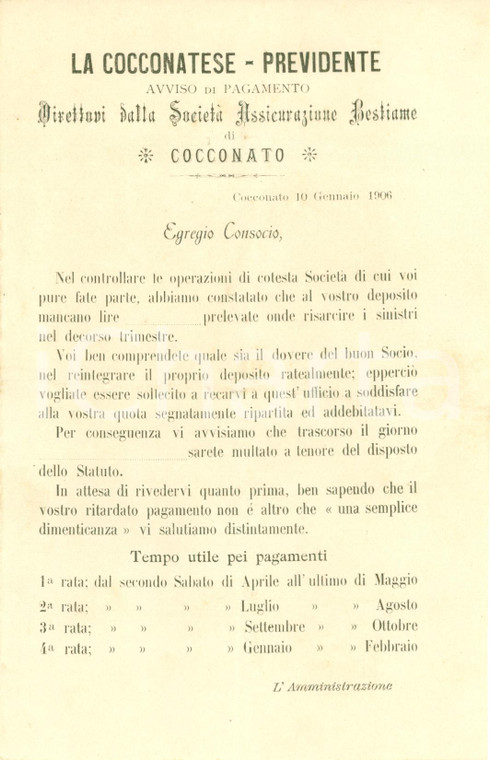 1906 COCCONATO AT Pagamento quota Società Assicurazione Bestiame LA COCCONATESE