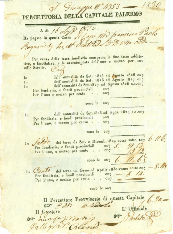 1830 PALERMO Percettoria Francesco Paolo RAGUSA paga tassa su casa *Documento