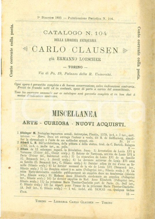 1895 TORINO Catalogo Libreria Internazionale Carlo CLAUSEN n. 104 Miscellanea