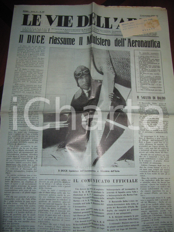 1933 LE VIE DELL'ARIA Benito MUSSOLINI nuovo Ministro AERONAUTICA *Giornale