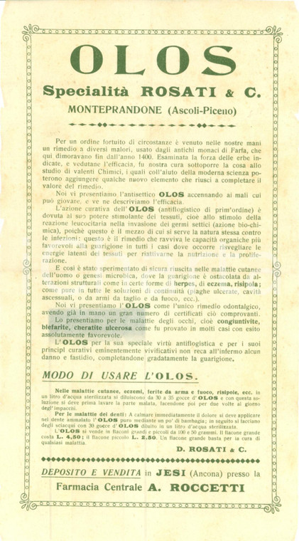 1935 ca MONTEPRANDONE (AP) Ditta ROSATI & C. Farmaco antisettico OLOS *Volantino
