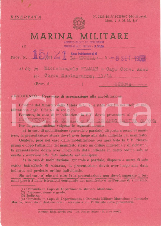 1958 LA SPEZIA Marina Militare Michelangelo FLAMAN assegnato a MARIDEPOCAR