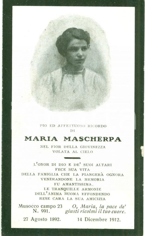 1912 MILANO In memoria di Maria MASCHERPA, volata al cielo, Santino con ritratto