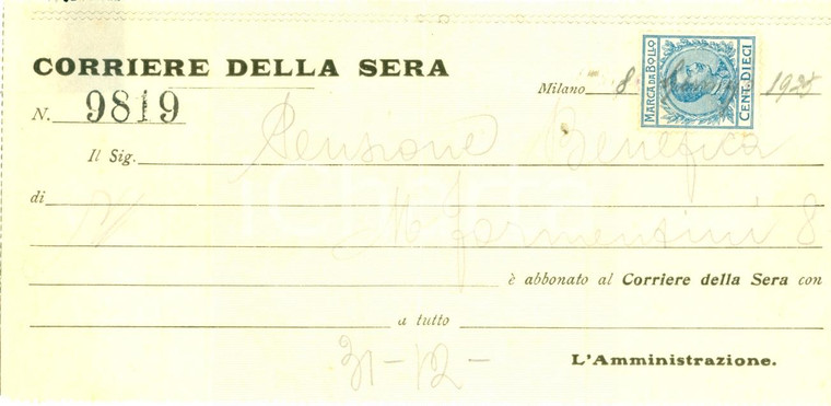 1925 MILANO Abbonamento CORRIERE DELLA SERA per Pensione Benefica *Ricevuta