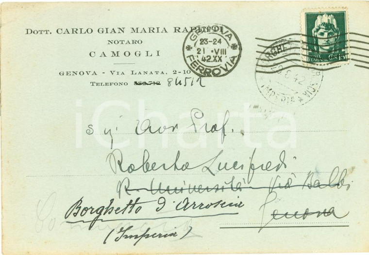 1942 GENOVA Notaio Carlo Gian Maria RAPETTI trasferisce lo studio *Cartolina FG