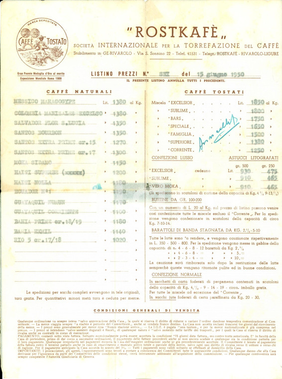 1950 GENOVA Rivarolo ROSTKAFE' Listino prezzi caffè  *LISTINO N. 6