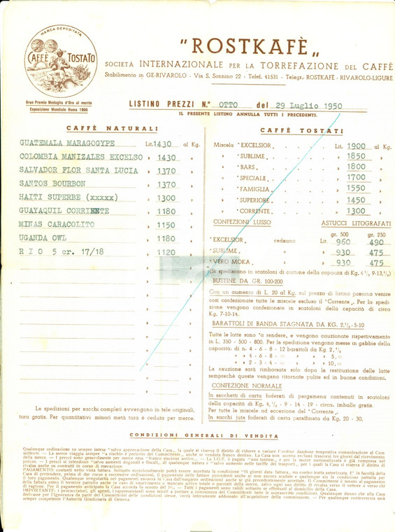 1950 GENOVA Rivarolo ROSTKAFE' Listino prezzi caffè  *LISTINO N. 8