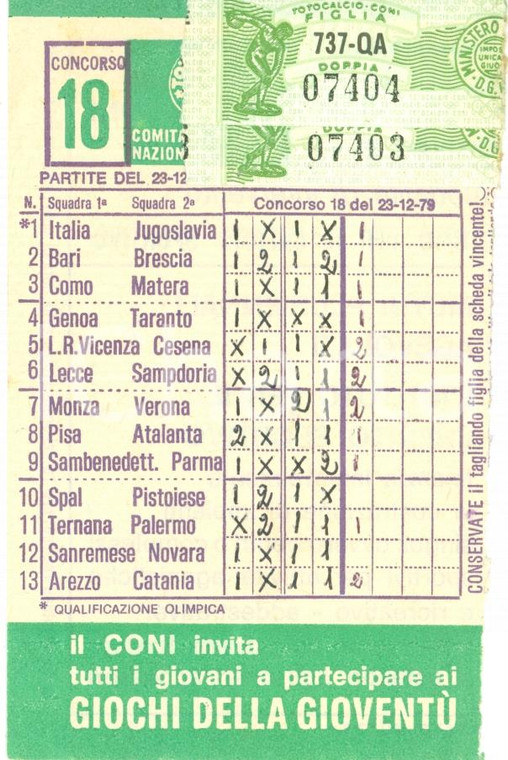 1979 CONI Schedina giocata TOTOCALCIO per quindicesima giornata campionato