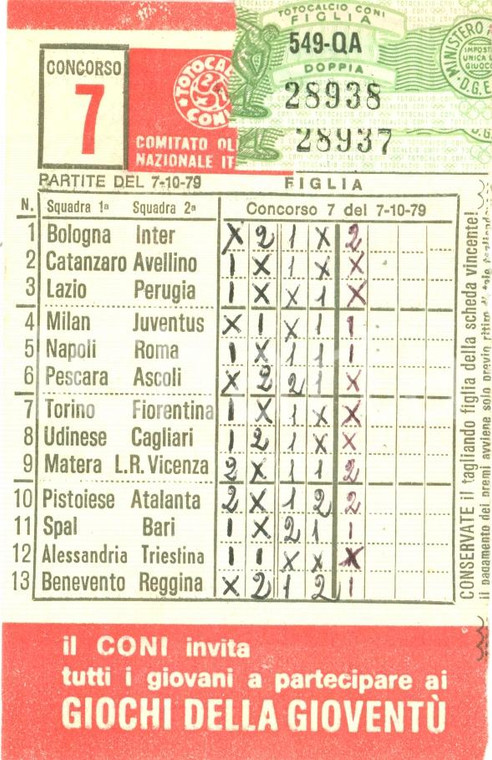 1979 CONI Schedina giocata TOTOCALCIO per quarta giornata campionato