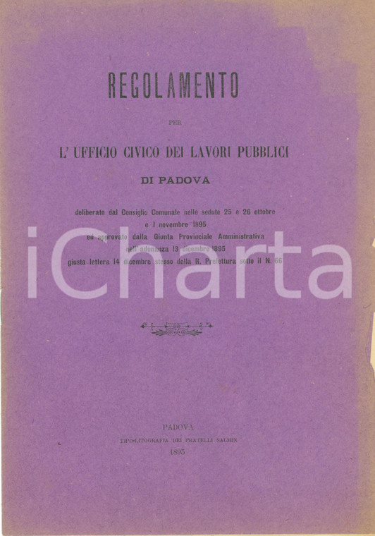 1895 PADOVA Regolamento Ufficio Civico Lavori Pubblici *Pubblicazione