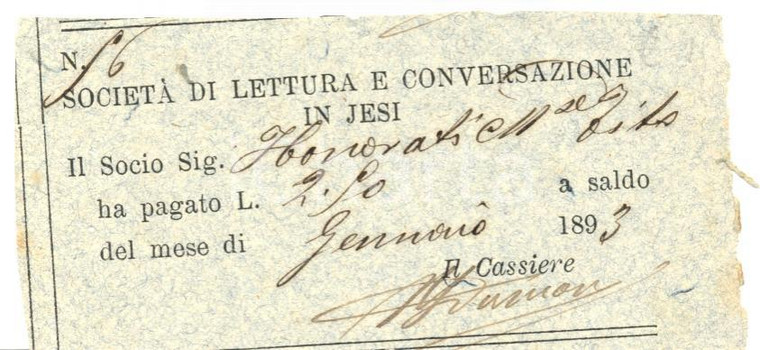 1893 JESI (AN) Società Lettura e Conversazione quota Tito ONORATI *Documento