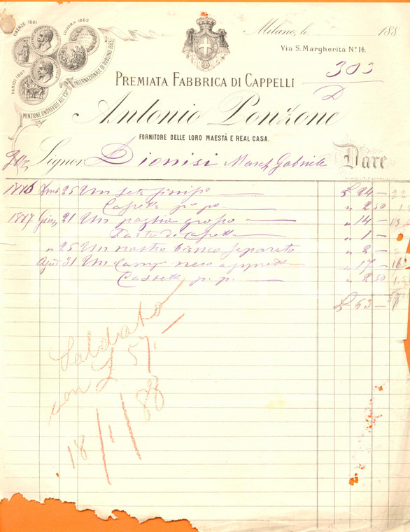 1888 MILANO Antonio PONZONE Premiata Fabbrica Cappelli *Fattura DANNEGGIATA