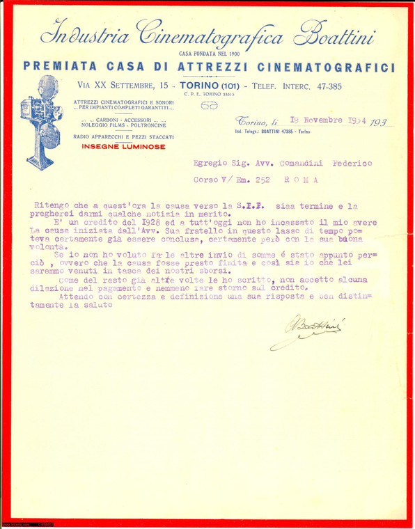 1934 TORINO Premiata Industria Cinematografica BOATTINI