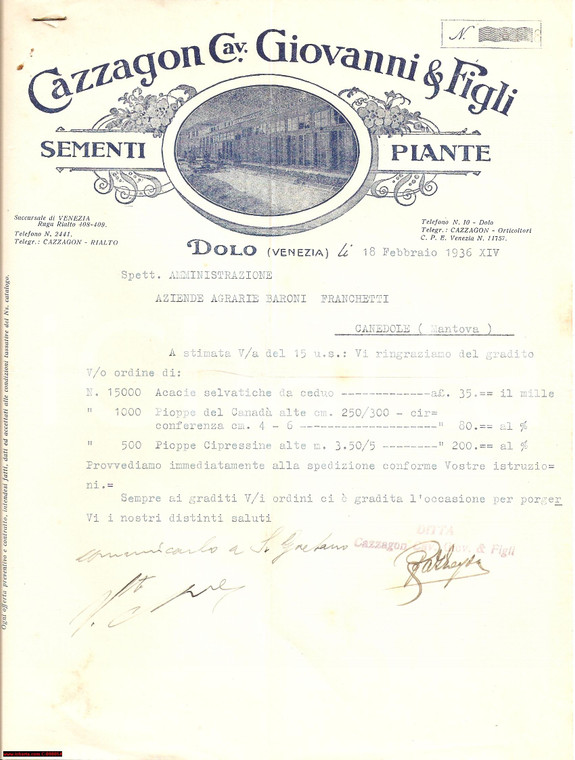 1936 DOLO (VE) Sementi e piante CAZZAGON intestata