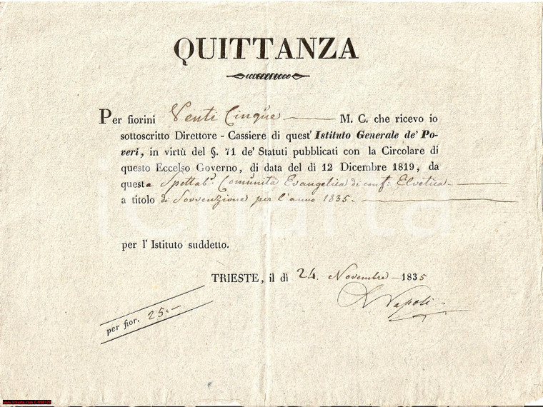 1835 TRIESTE Sovvenzione ISTITUTO GENERALE DE' POVERI