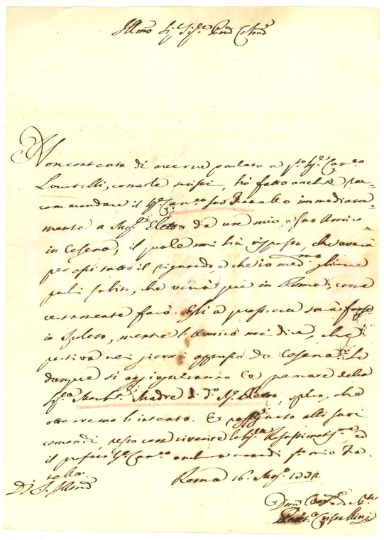 1772 ROMA Gaetano CRISTALLINI prepara raccomandazione a un vescovo *Lettera