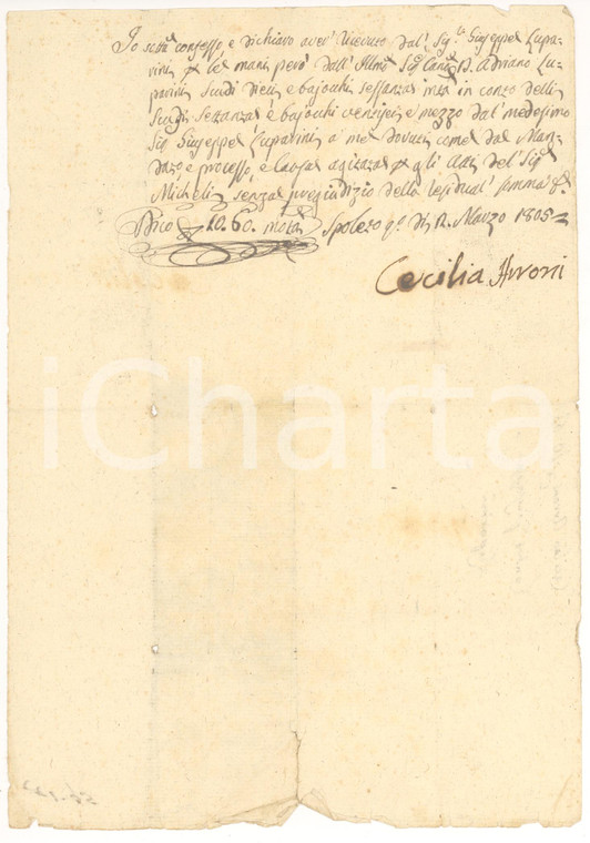 1805 SPOLETO (PG) Cecilia ARRONI riceve il saldo dovuto *Manoscritto