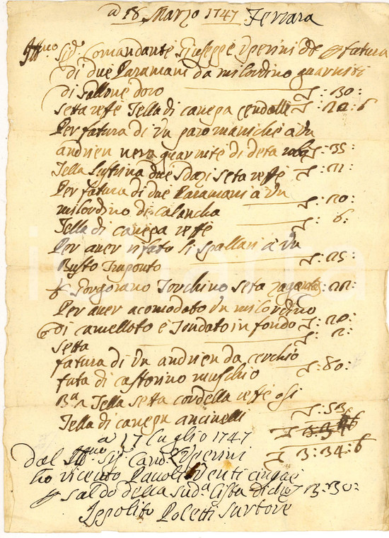 1747 FERRARA Conto del sarto Ippolito POLETTI per abiti di un comandante