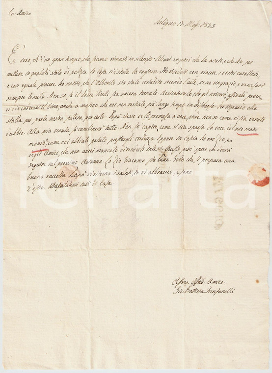 1825 FOLIGNO (PG) Giacomo FRENFANELLI sulle false voci di un suo matrimonio