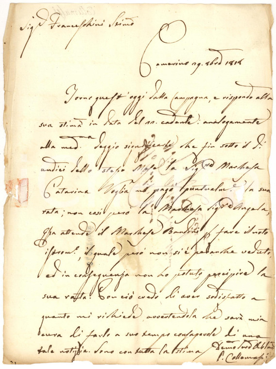 1818 CAMERINO (MC) Marchesa Angela VOGLIA non paga la rata dovuta *Lettera